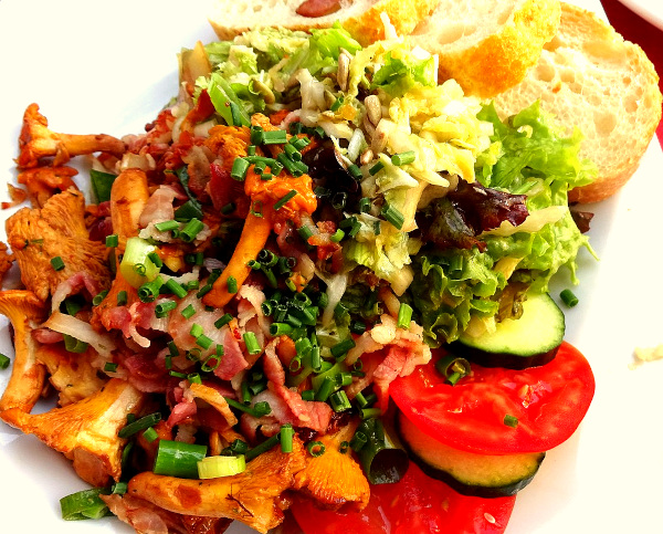 Mixed salad with fried chanterelles, Cantharellus cibarius, and bacon; Photographed in 'Bierhausla' in Kulmbach, Germany; image courtesy of 'Benreis' and Wikimedia Commons