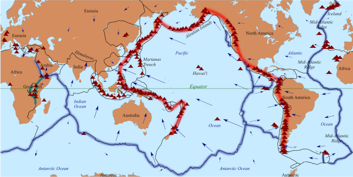 locations and motions of tectonic plates as well as the Ring of Fire and volcanoes; Image courtesy of 'Atroskiandhike' and Wikimedia Commons