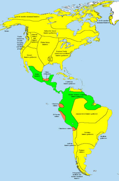Archaic societies in the Americas; yellow for hunter-gatherers, green for simple farming societies, and golden for complex farming societies; the small circular spot in our area denotes the Poverty Point Culture; image courtesy of 'Moxy' at English Wikipedia