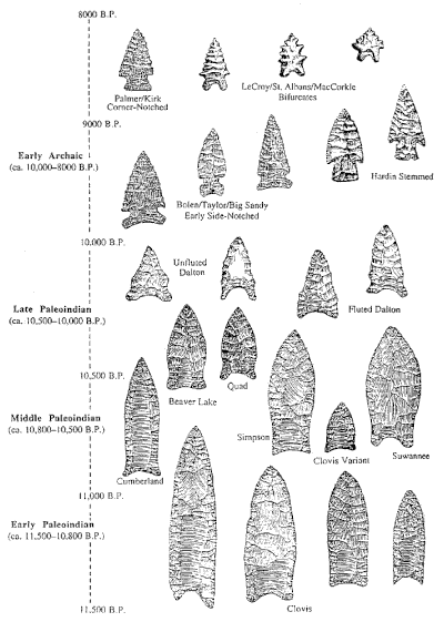 Various kinds of early projectile points from the southeastern US; image courtesy of National Park Service