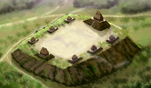Artist's conception of the Emerald Site begun about 750 years ago; image courtesy of Herb Roe and Wikimedia Commons