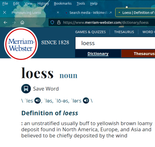 Screenshot of part of Merriam-Webster web page addressing pronunciation of 'loess'