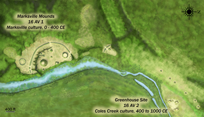 Artist's reconstruction of the Marksville Mounds Site, whose contacts with the Hopewell Interaction Sphere surely affected indigenous life among our Loess Hills; image courtesy of the artist, Herb Roe, and Wikimedia Commons