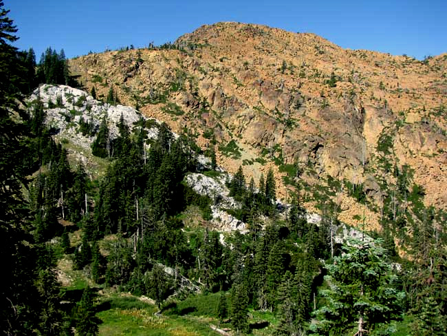 Kangaroo Mountain, northern California; peridotite on top, marble and limestone below