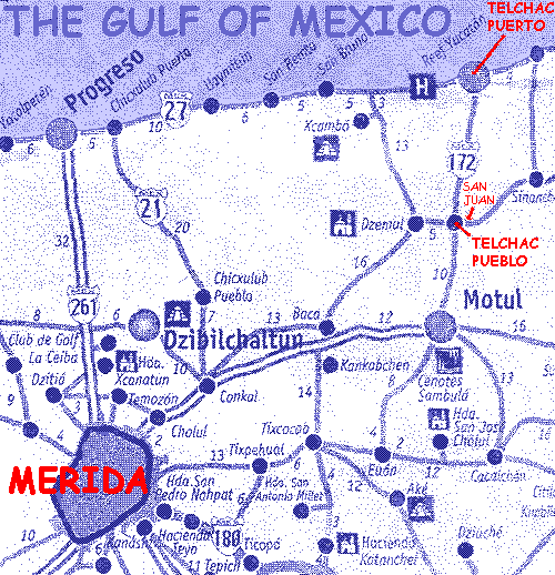 Map showing location of Hacienda San Juan near Telchac Pueblo, north of Motul
