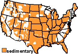 map of sedimentary rock outcrops in the US